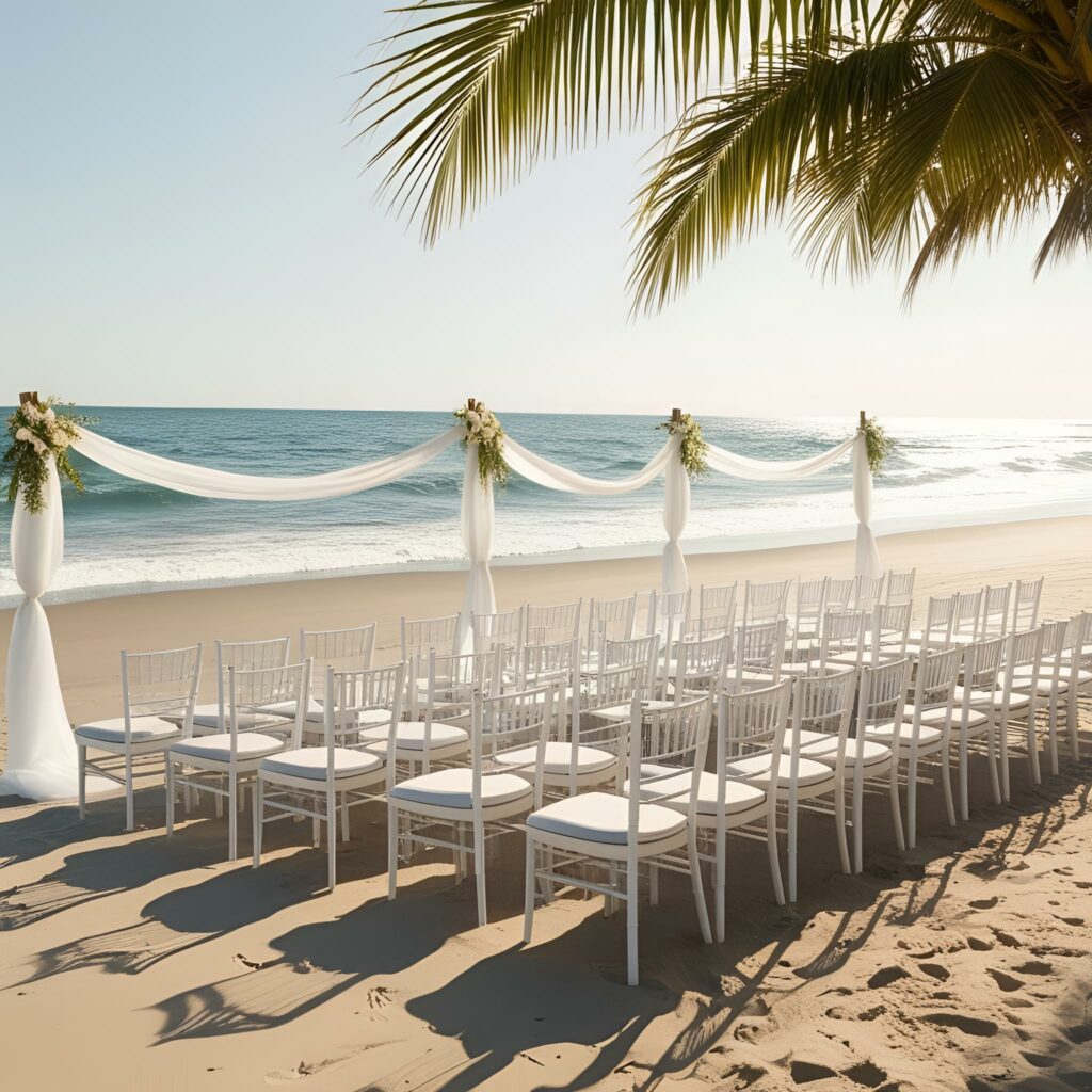 Installation d'une cérémonie de mariage sur la plage avec chaises blanches, vue sur la mer des Caraïbes – organisation L'effet Maria en Guadeloupe