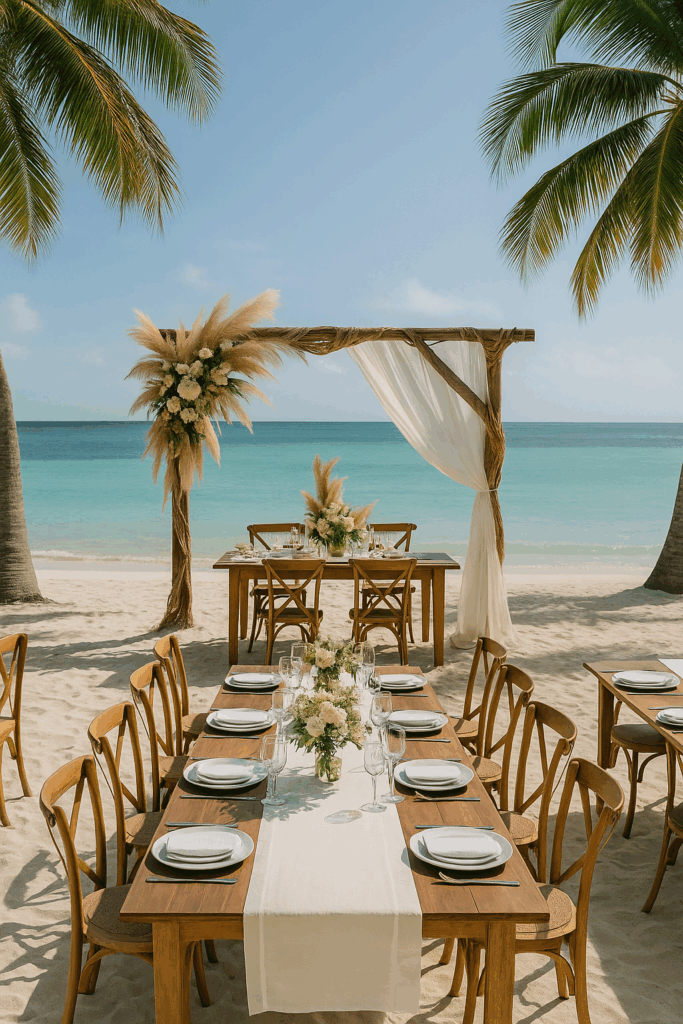 Lieu de réception tropical en bord de mer avec arche bohème et table dressée dans le sable à Sainte-Anne.