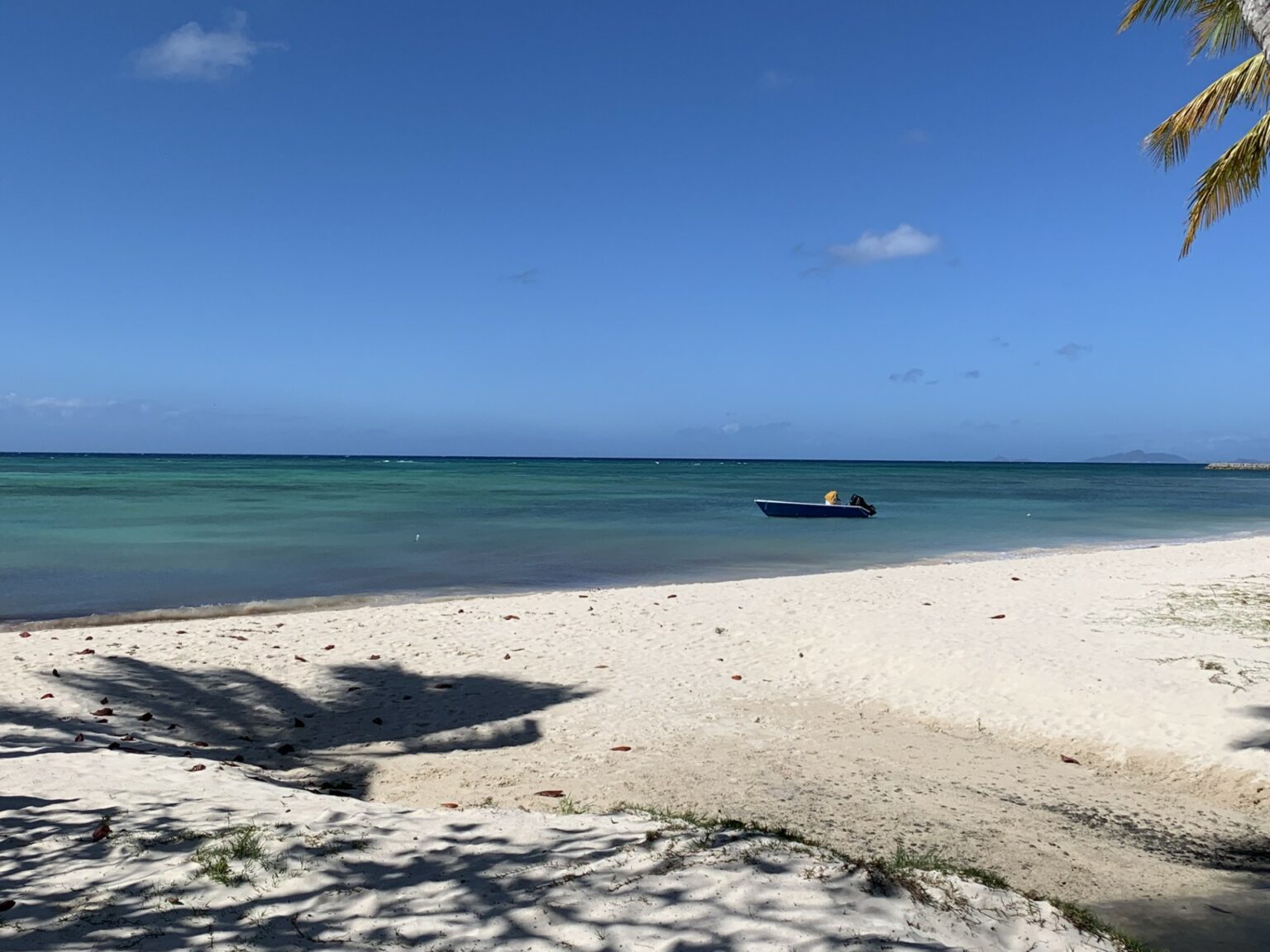 Vue d’une plage de sable blanc en Guadeloupe, lieu de réception naturel proposé par L’effet Maria